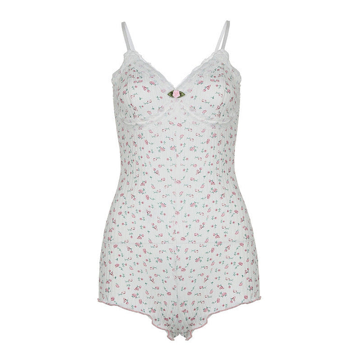 Women's Floral Nightwear Bodysuit with Lace Accents