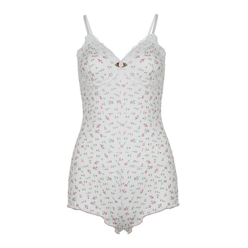 Women's Floral Nightwear Bodysuit with Lace Accents