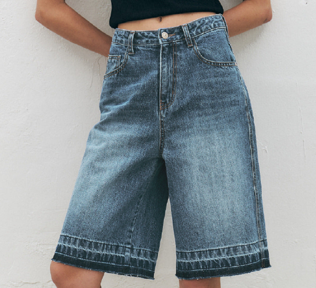Women's High-Waisted Wide-Leg Denim Shorts with Textured Finish
