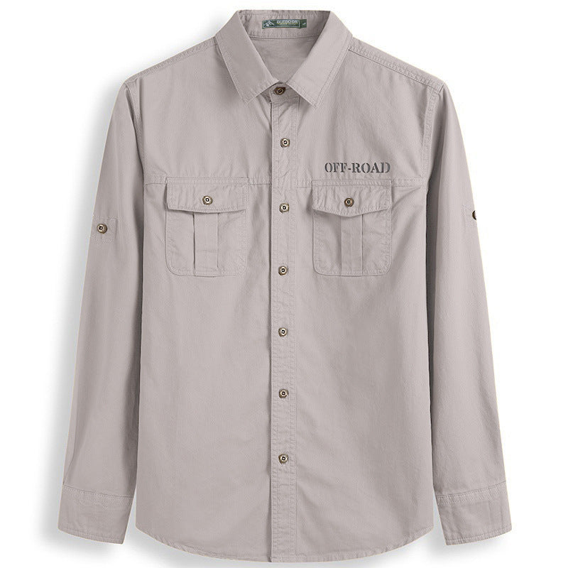 Men's classic safari field shirt with ventilation eyelets, sleeve elevator, and double flap chest pockets.