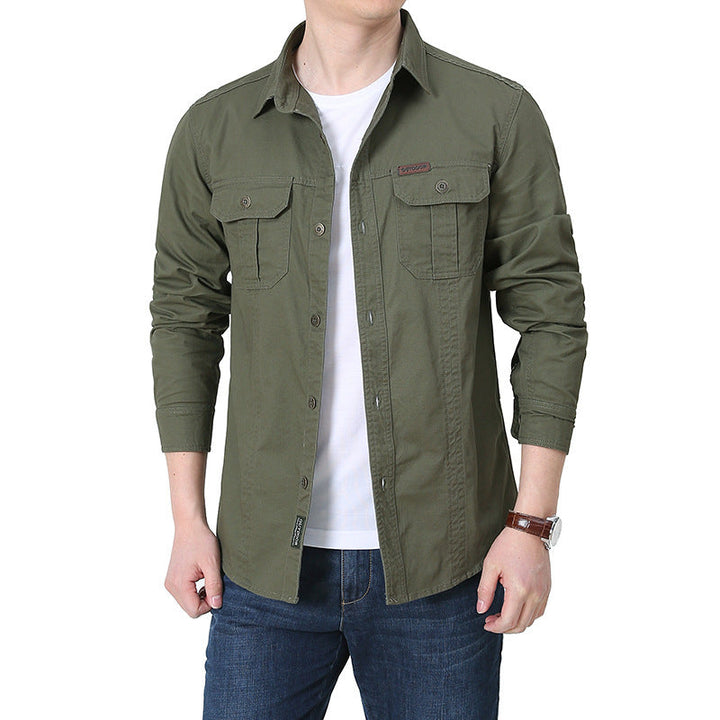 Men's urban worker shirt made of washed cotton twill with double chest pockets and contrast stitching.