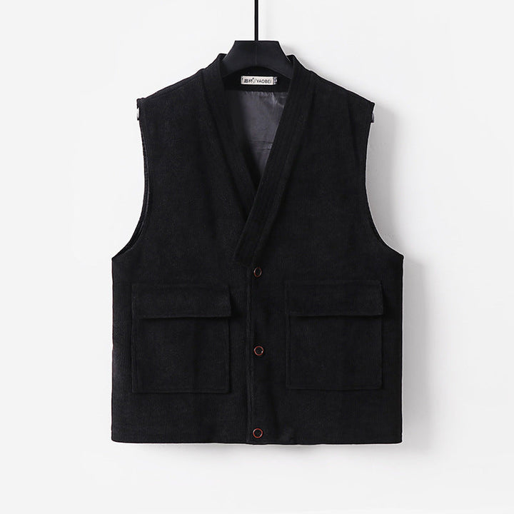 Men's cord waistcoat with V-neck, stand-up collar, and large flap pockets Mune Fashion