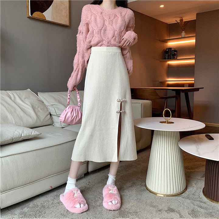 Ladies Elegant Knitted Skirt with Slit and Bow Details Mune Fashion