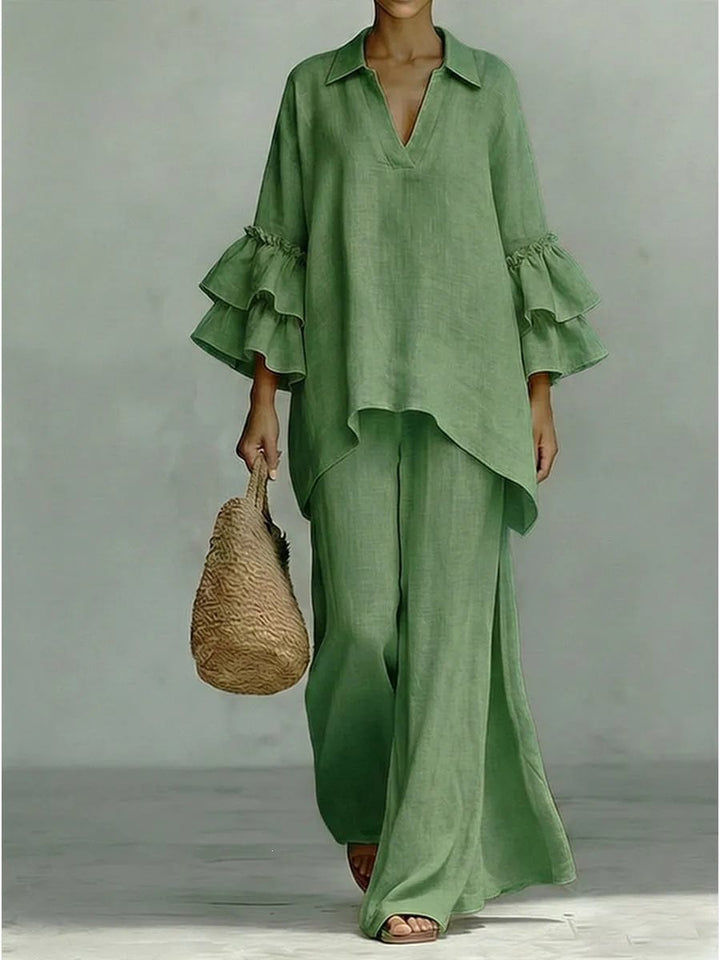 Ladies Linen Loungewear Set with Ruffle Sleeves and Wide Palazzo Pants Mune Fashion