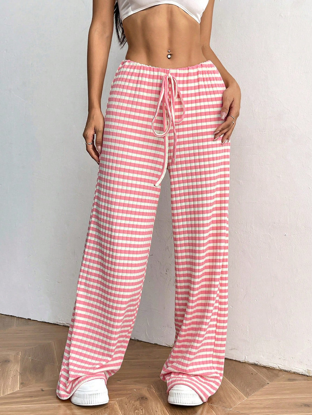 Women's loungewear pants with wide leg, ribbed fine knit and drawstring Mune Fashion