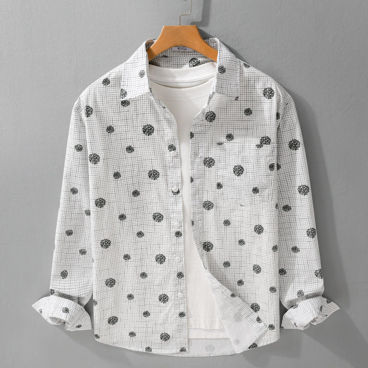 Men's lightweight long sleeve overshirt in shirt jacket style with fine check pattern and floral all-over Mune Fashion