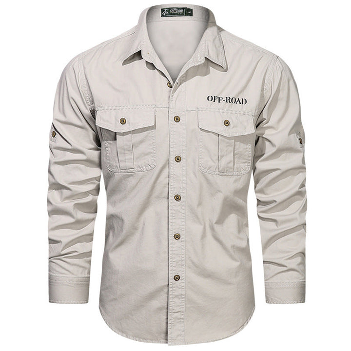 Men's robust utility shirt with double chest pockets and arm roll tab
