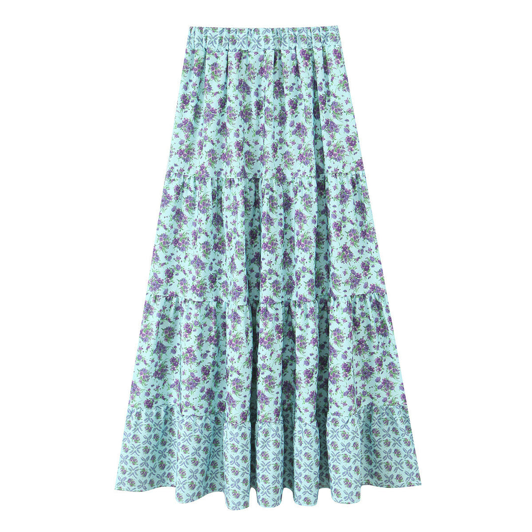 Women's Long Tiered Skirt with Floral Allover Print, Elastic Waistband and Ruffled Panels Mune Fashion