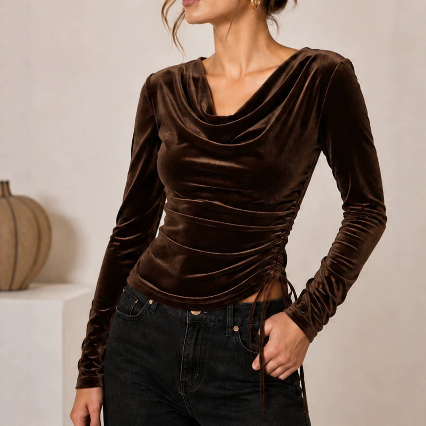 Women's velvet top with waterfall collar, side gathering and lacing detail Mune Fashion