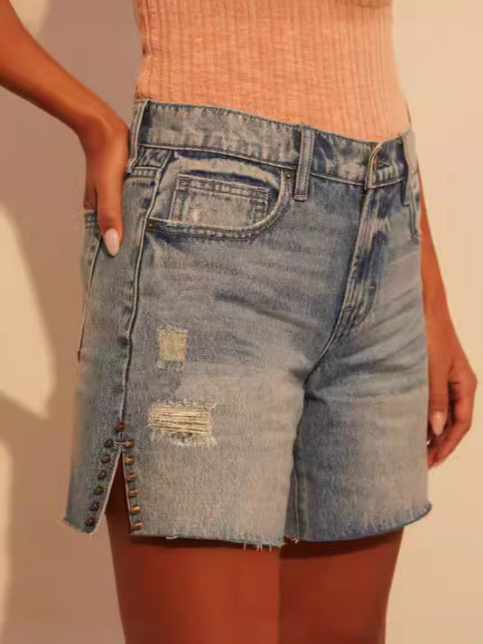 Women's Casual Denim Shorts with Studs and Frayed Hem