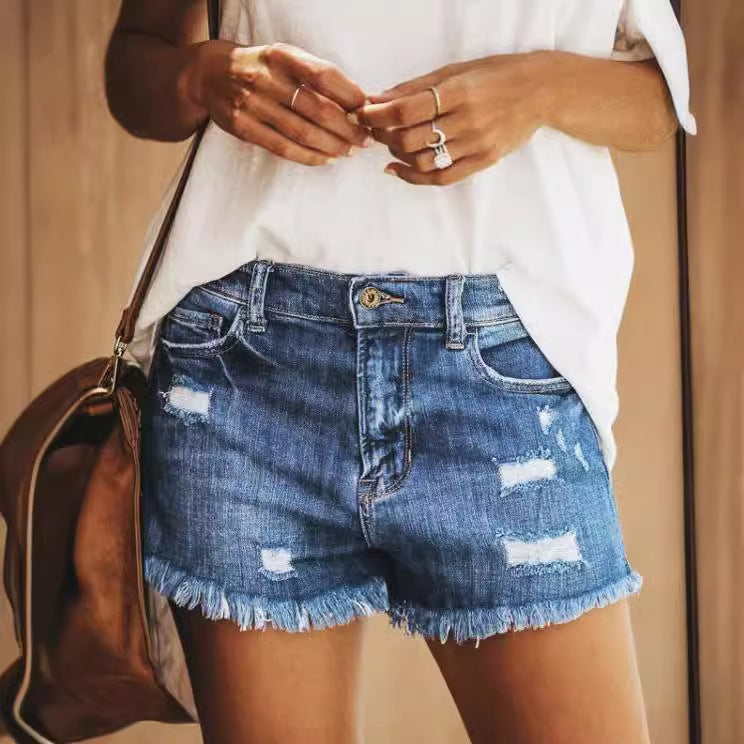 Women's Denim Shorts with Frayed Hems and Distressed Details