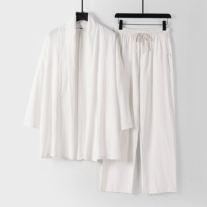 Unisex Casual Kimono Two-Piece Set made of breathable linen-viscose with open shawl collar and drawstring pants Mune Fashion