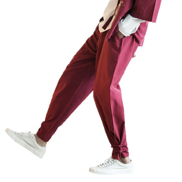 Men's Casual Linen Blend Pants with Drawstring Waist, Tapered Ankle and Knot Detail Mune Fashion