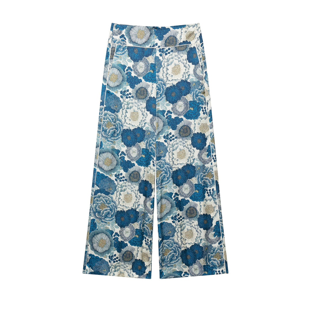 Women High-Waisted Cropped Palazzo Pants in Jacquard Woven Floral Design Mune Fashion