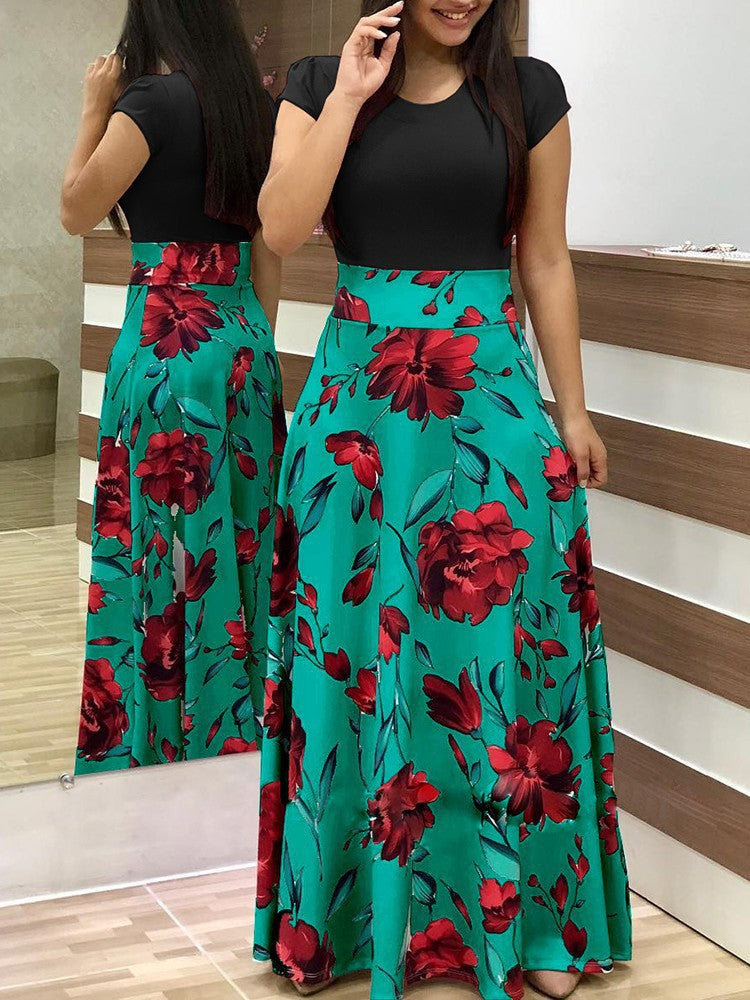 Women's Flowing Maxi Skirt with High Waist and Large Floral Print Mune Fashion