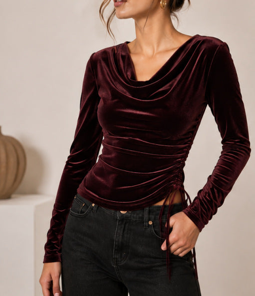 Women's velvet top with waterfall collar, side gathering and lacing detail Mune Fashion