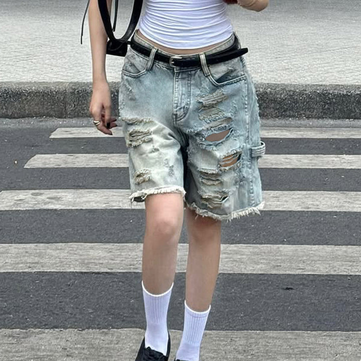 Women's High-Waisted Destroyed Denim Shorts with Frayed Hems