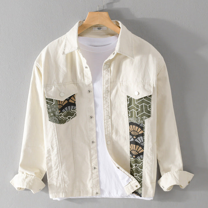 Men's Lightweight Canvas Overshirt in Worker Style with Japanese Pattern Patch and Snap Button Placket Mune Fashion
