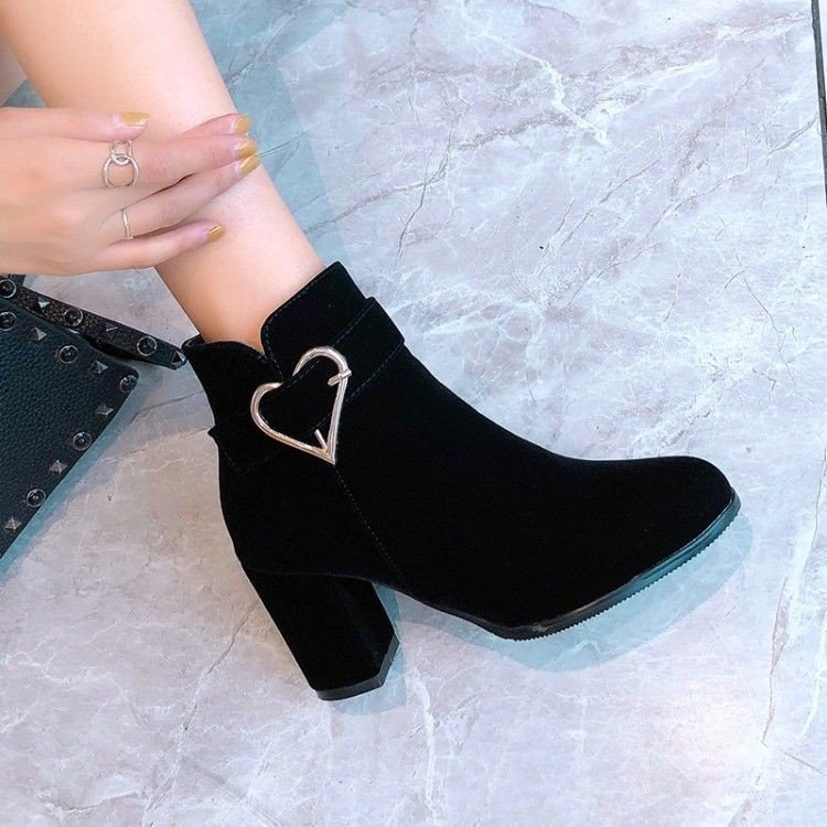 Ladies Elegant Block Heel Ankle Boots with Heart Details Mune Fashion