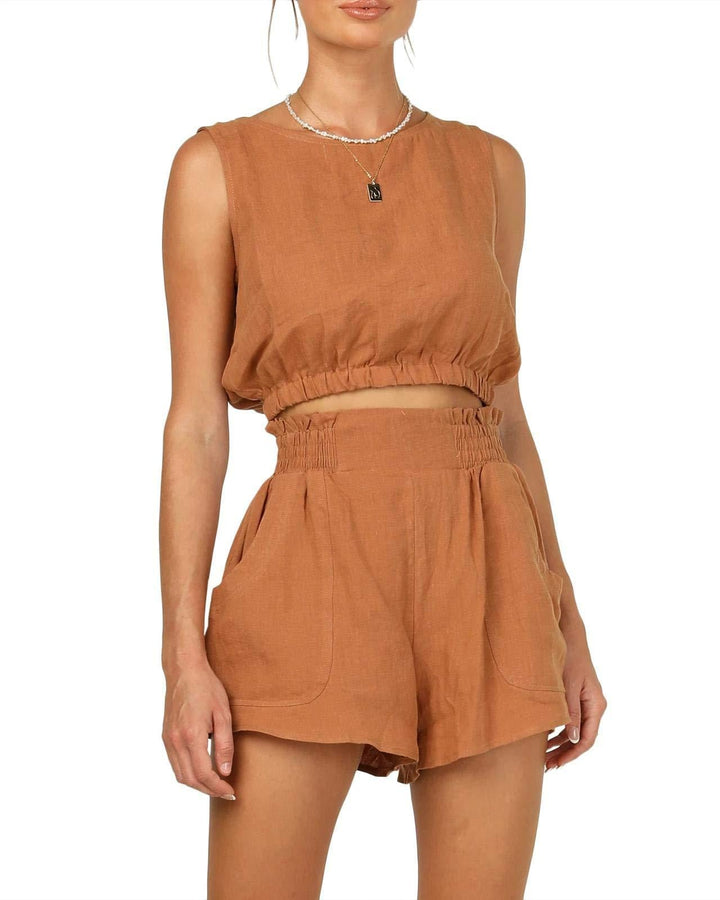 Women's Casual Linen Top and Shorts Set with Lace-Up Hem