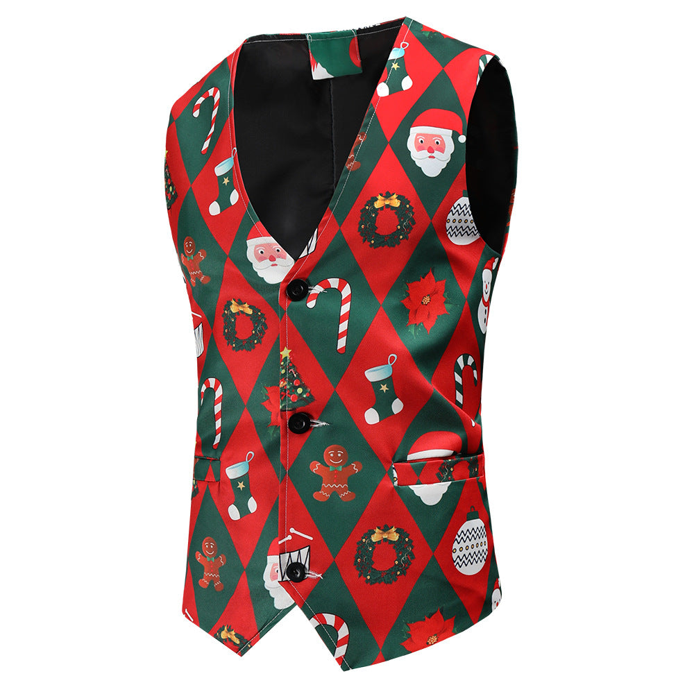Men's Festive Satin Waistcoat with Christmas Design, Tailored Fit and V-Neck Mune Fashion