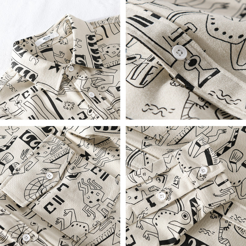 Men's Lightweight Cotton Overshirt with Artistic Line Print and Double Chest Pocket Mune Fashion