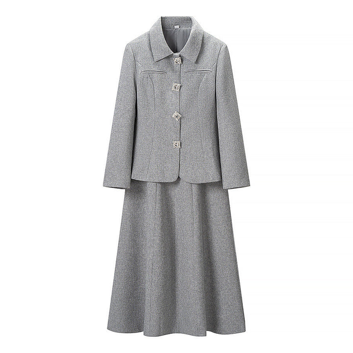 Women Elegant two-piece wool blend suit with tailored short blazer and flared midi skirt Mune Fashion
