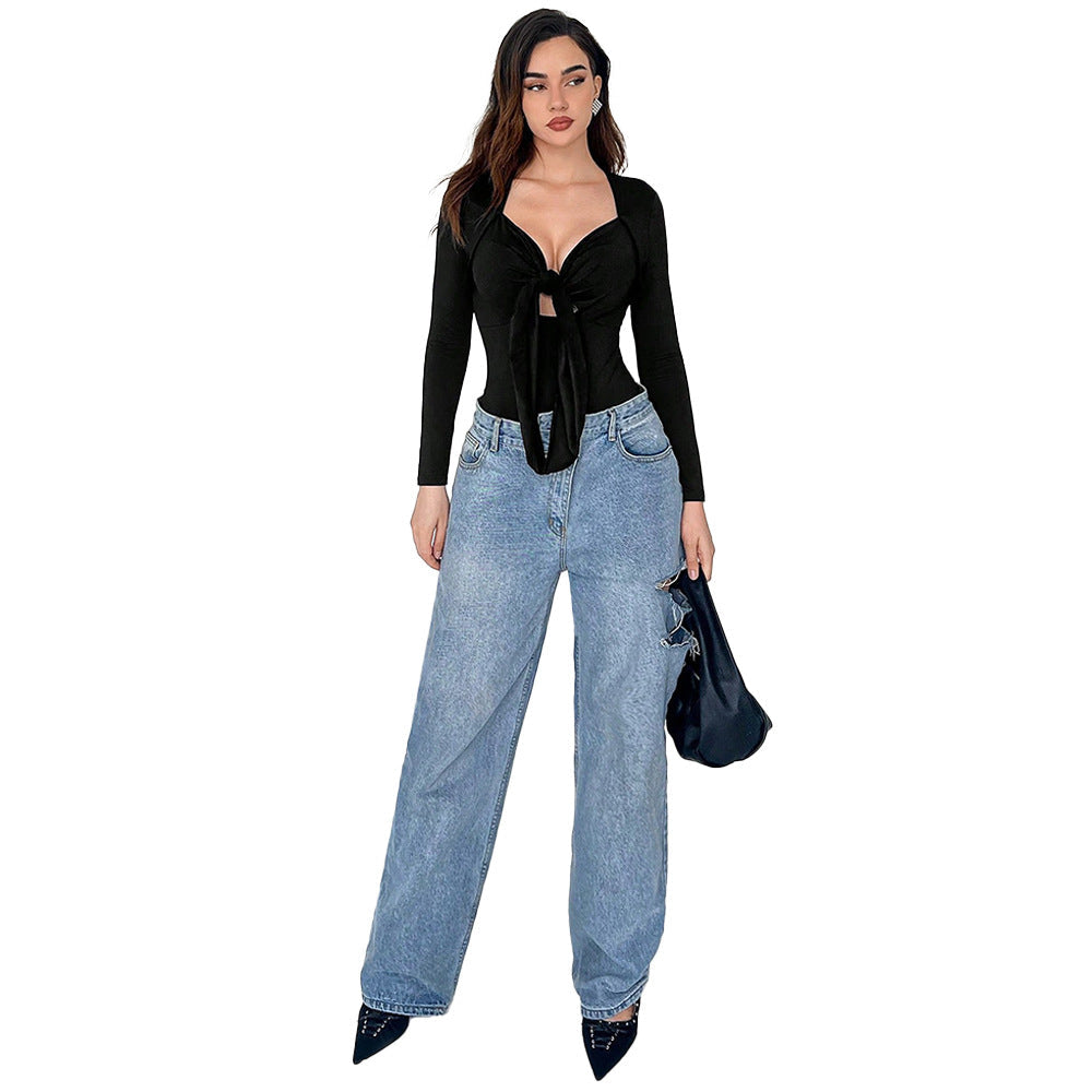 Women's figure-hugging long sleeve bodysuit with knot front deep V-neck and high-cut leg Mune Fashion
