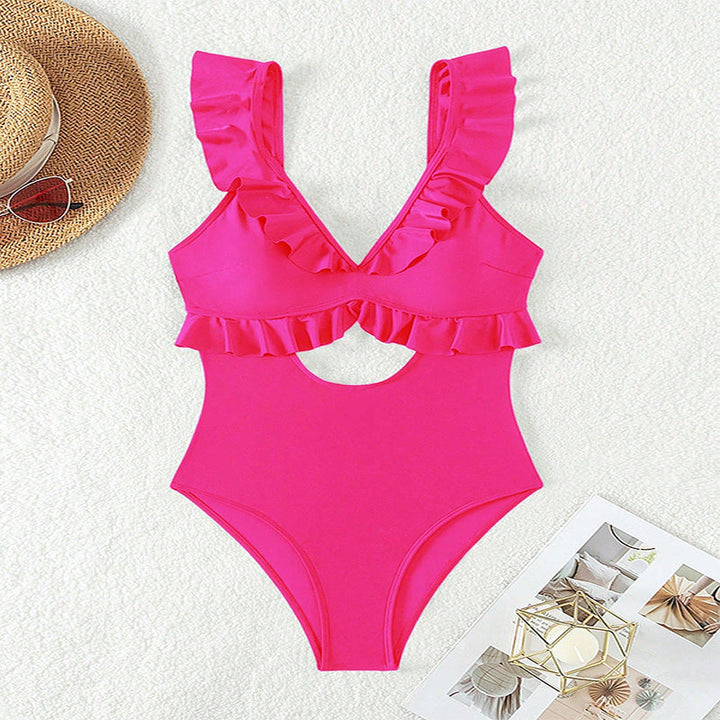 Women's one-piece swimsuit with ruffle details and deep V-neck Mune Fashion