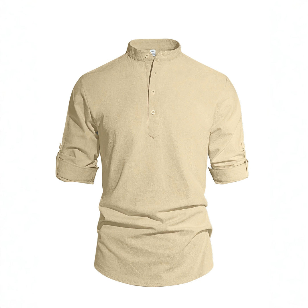 Men's lightweight half-button shirt made of linen blend with stand-up collar and roll-up sleeves Mune Fashion
