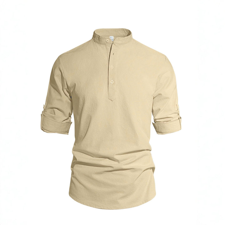 Men's lightweight half-button shirt made of linen blend with stand-up collar and roll-up sleeves Mune Fashion