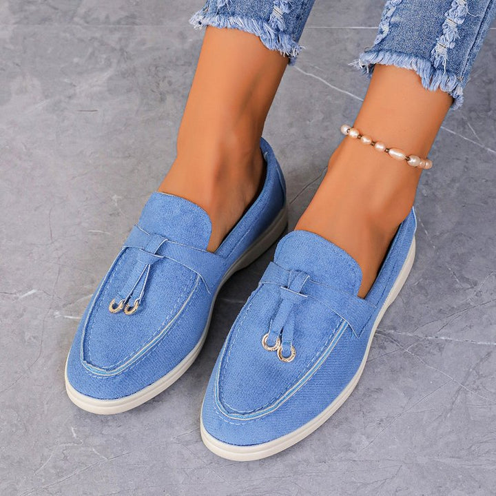 Damen Slipper-Loafer aus Velourslederoptik mit dekorativem Knotenriemen und leicht profilierter Gummisohle Mune Fashion