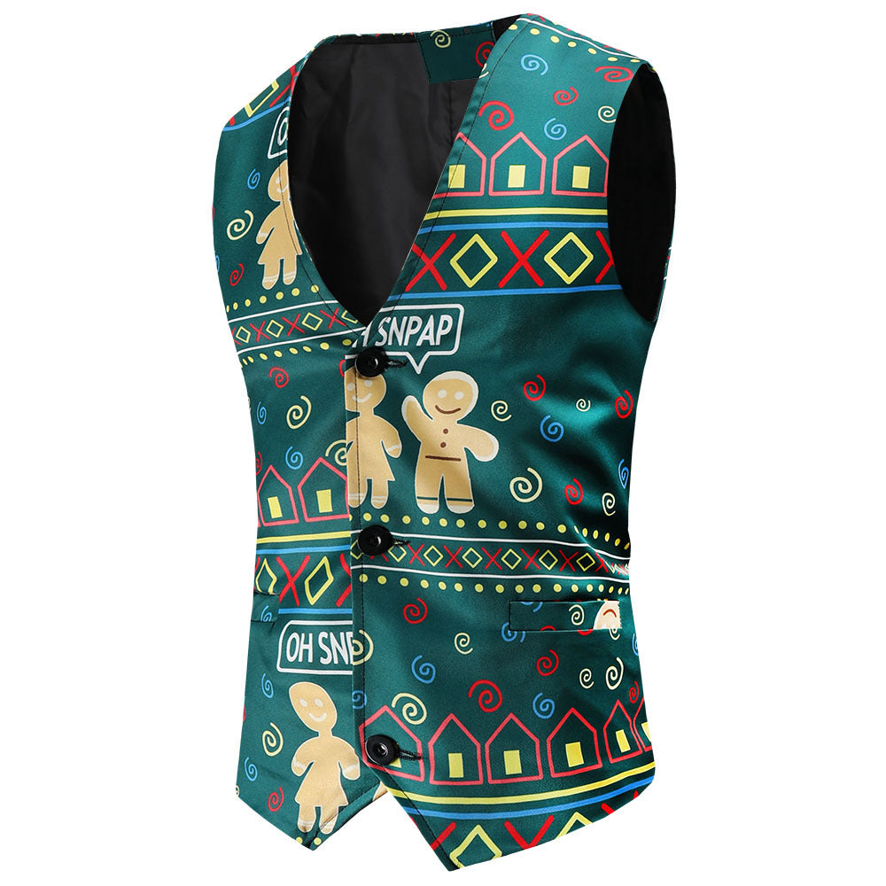 Men's Festive Satin Waistcoat with Christmas Design, Tailored Fit and V-Neck Mune Fashion