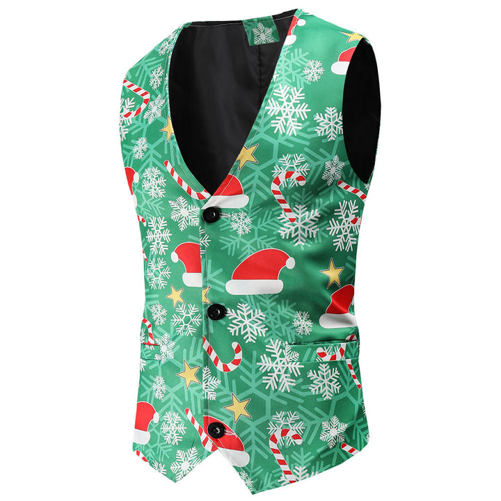 Men's Festive Satin Waistcoat with Christmas Design, Tailored Fit and V-Neck Mune Fashion