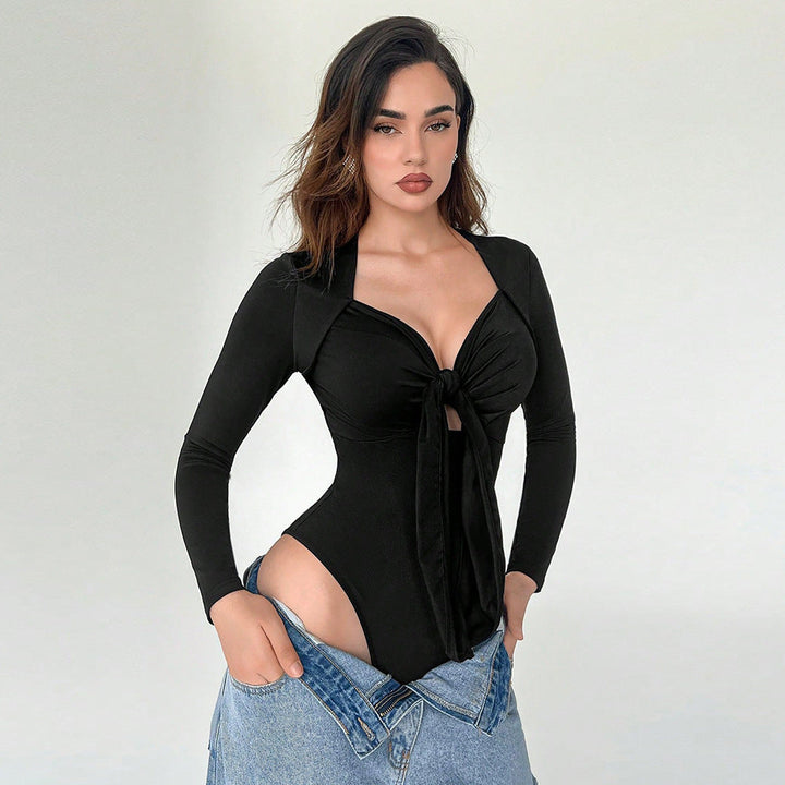 Women's figure-hugging long sleeve bodysuit with knot front deep V-neck and high-cut leg Mune Fashion