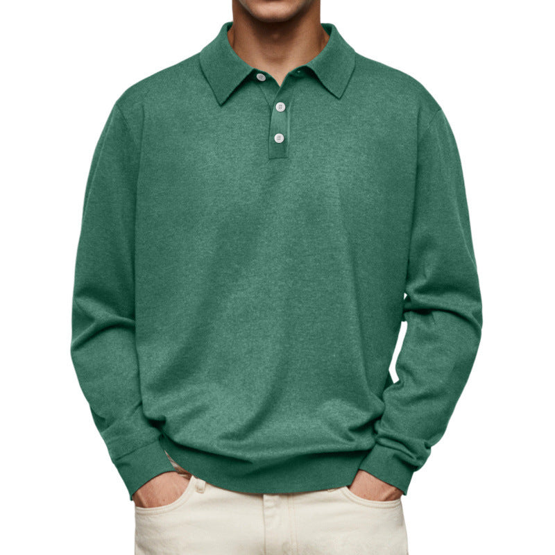 Men's Fine Knit Long Sleeve Polo Shirt with Placket and Collar Mune Fashion