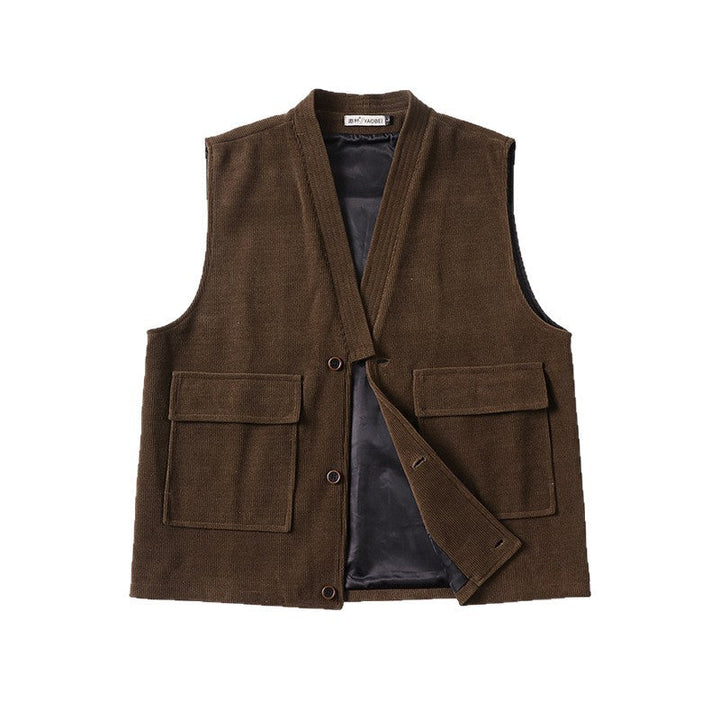Men's cord waistcoat with V-neck, stand-up collar, and large flap pockets Mune Fashion