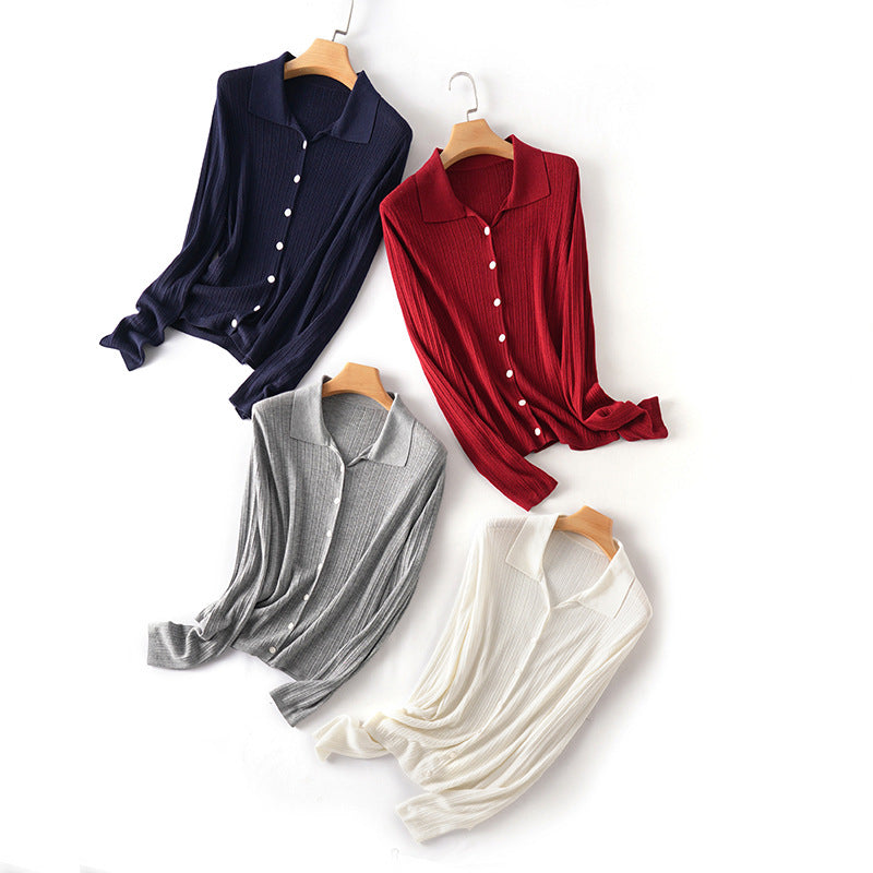 Women’s fine-knit cardigan with ribbed texture, button placket, and polo collar Mune Fashion