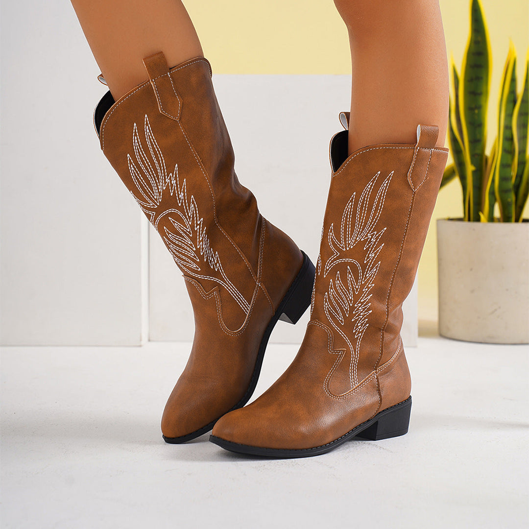 Women's Cowgirl Knee-High Boots with Decorative Embroidery, Pull-Tabs and Comfortable Block Heel Mune Fashion