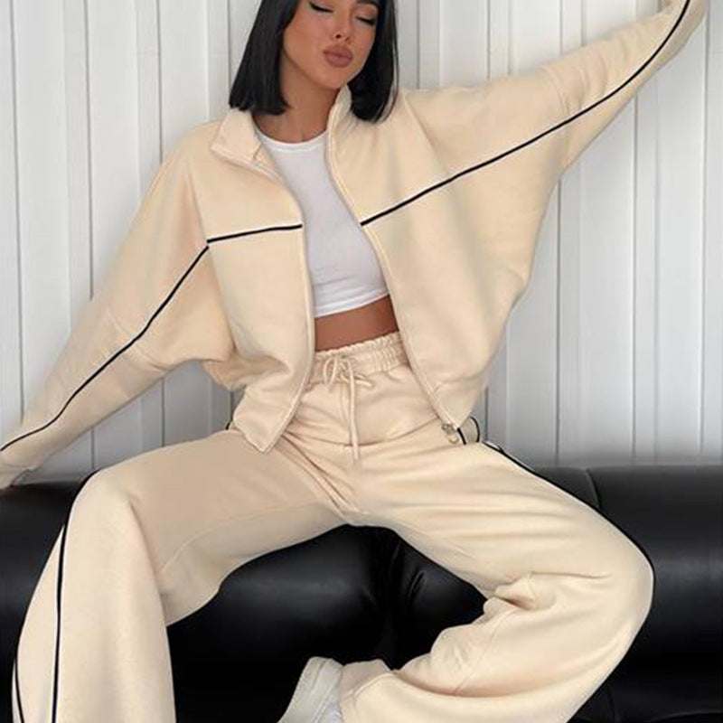 Women's casual sweatset with stand-up collar zip cropped jacket and high-waisted flared pants Mune Fashion