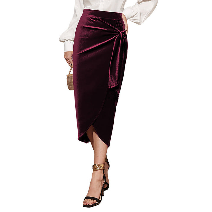 Women's midi skirt made of velvet with wrap look and knot detail