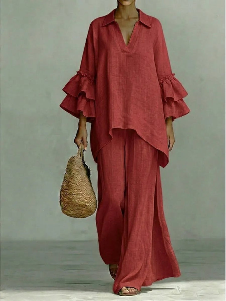 Ladies Linen Loungewear Set with Ruffle Sleeves and Wide Palazzo Pants Mune Fashion