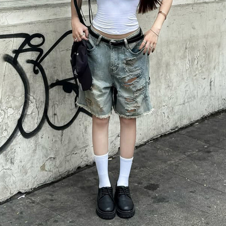 Women's High-Waisted Destroyed Denim Shorts with Frayed Hems