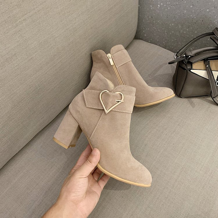 Ladies Elegant Block Heel Ankle Boots with Heart Details Mune Fashion