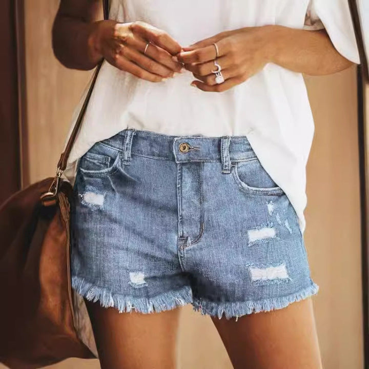 Women's Denim Shorts with Frayed Hems and Distressed Details