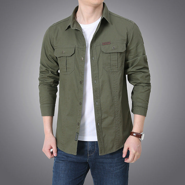 Men's urban worker shirt made of washed cotton twill with double chest pockets and contrast stitching.