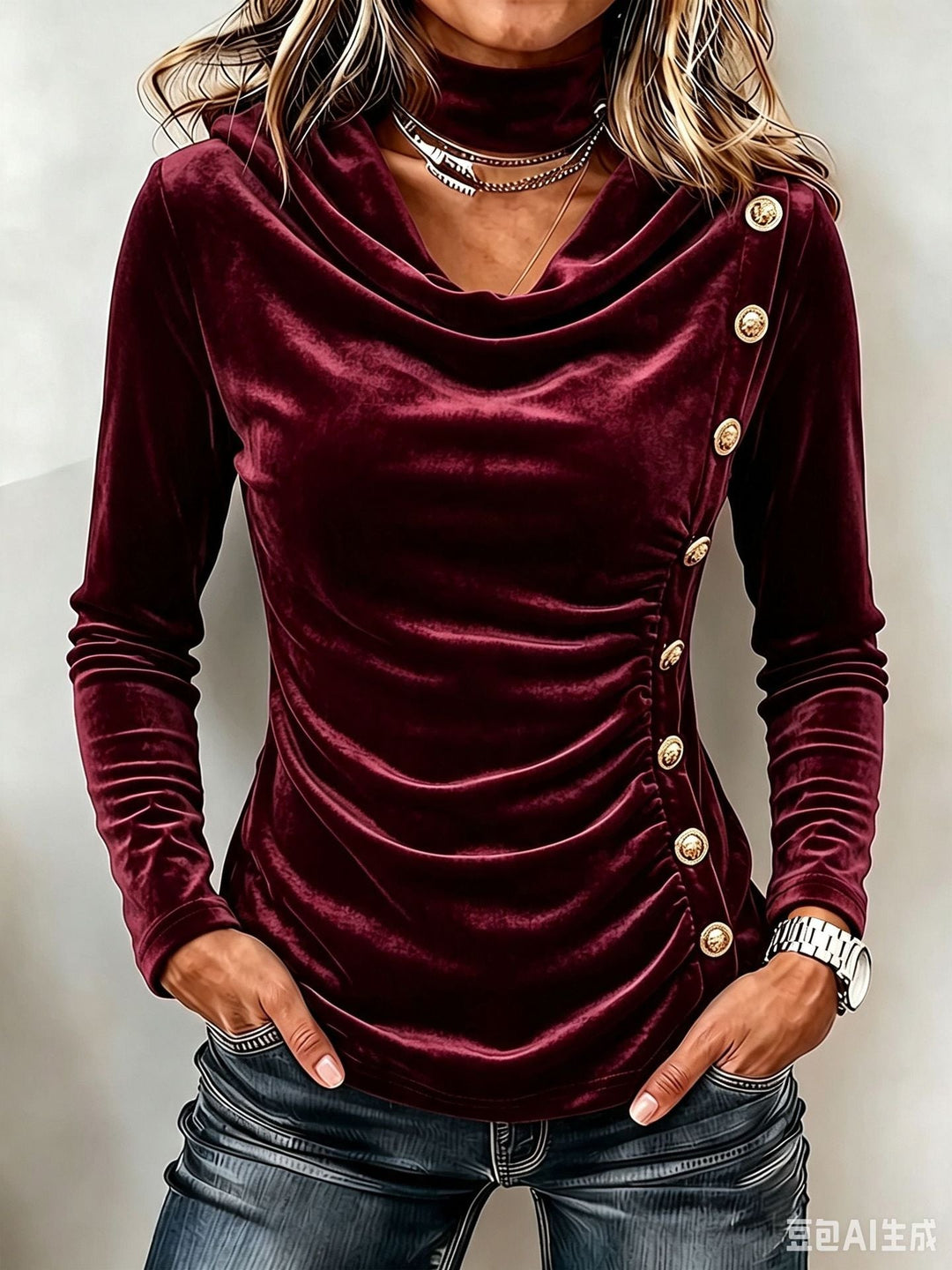 Women's Slim Velvet Top with Waterfall Collar, Draping and Gold-Studded Decorative Buttons Mune Fashion