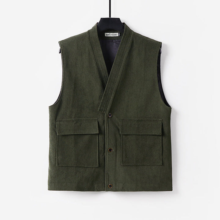 Men's cord waistcoat with V-neck, stand-up collar, and large flap pockets Mune Fashion