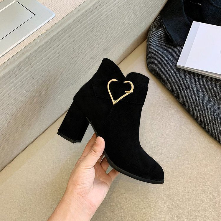 Ladies Elegant Block Heel Ankle Boots with Heart Details Mune Fashion