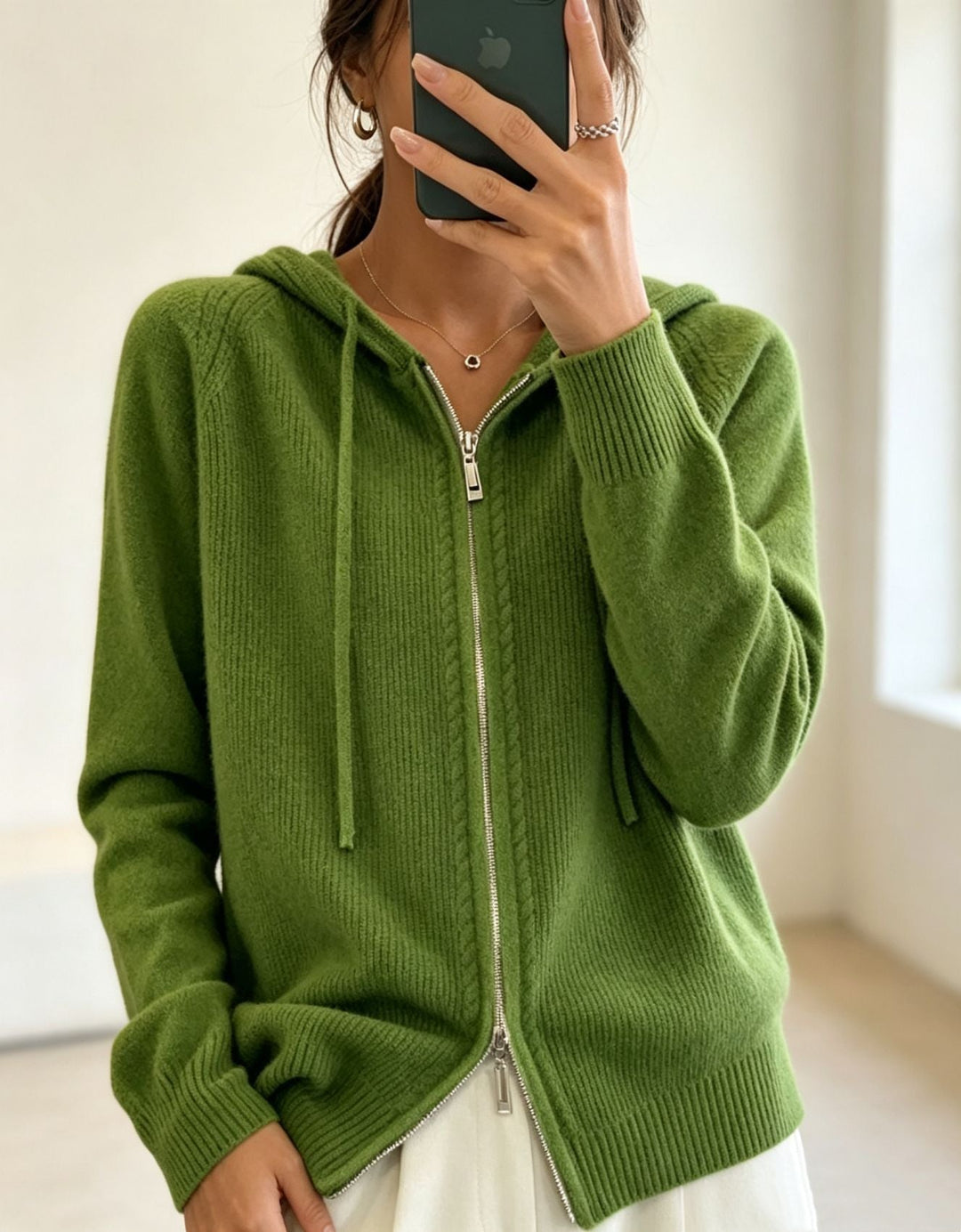 Women's hooded cardigan with zipper, fine knit and ribbed cuffs Mune Fashion